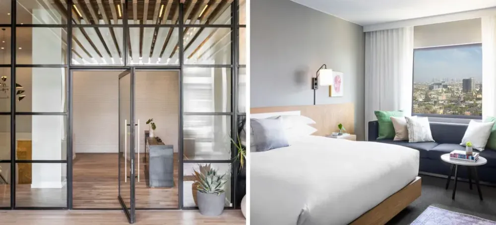Glass front entrance of the Kimpton Everly Hotel in Los Angeles (left) and interior of a bedroom at the Kimpton Everly Hotel in Los Angeles (right)